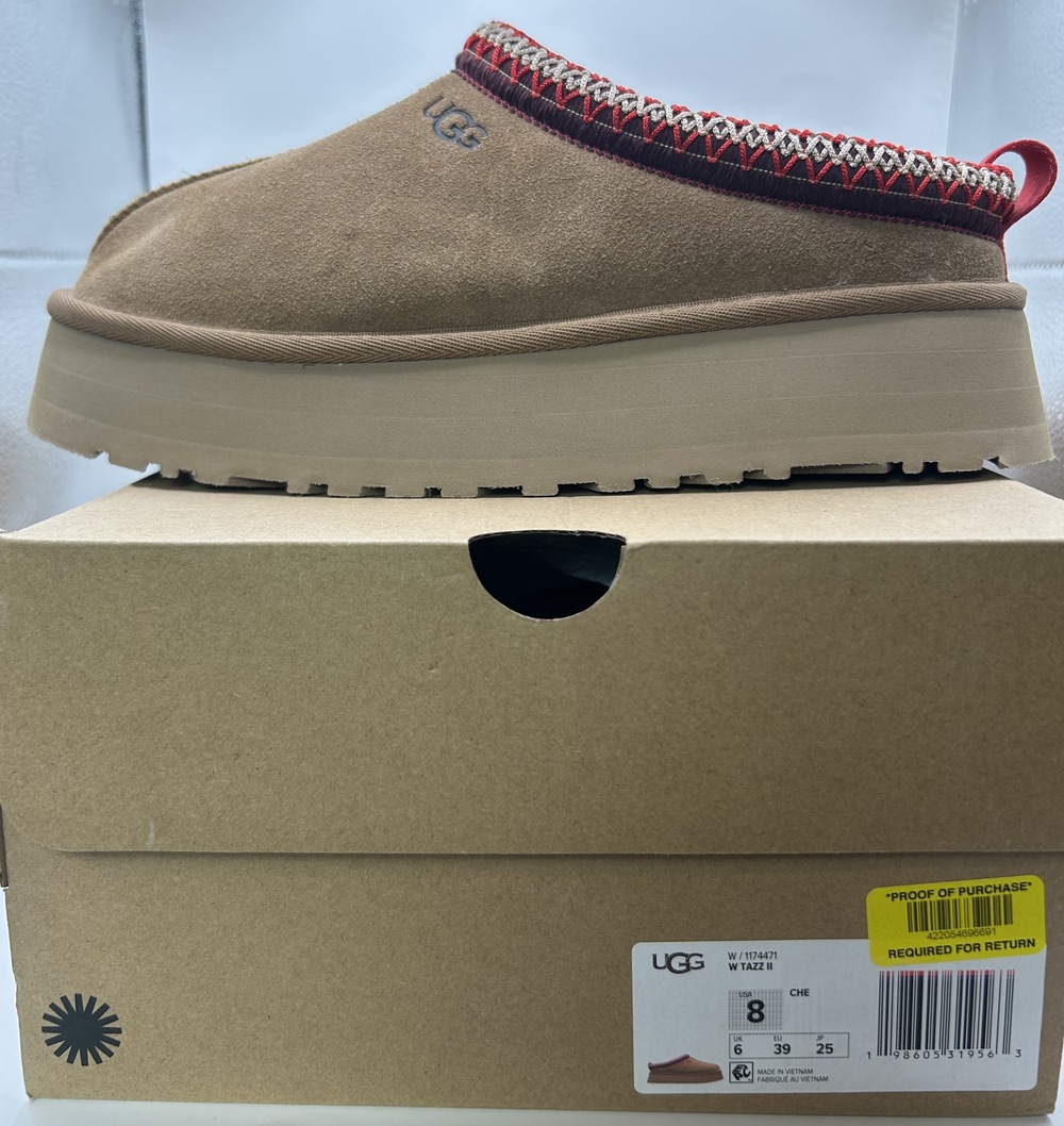 UGG Platform Chestnut Suede Tazz II Slippers, Like New with Box, Sz 8